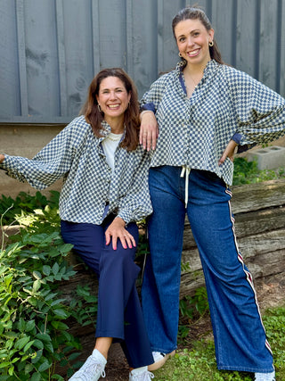FRNCH Zinnia Denim & Eyelet Check Blouse