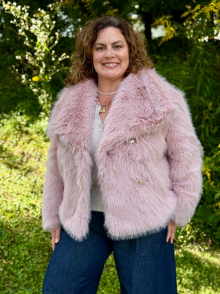 Astrid Faux Fur Bomber Jacket in Pink