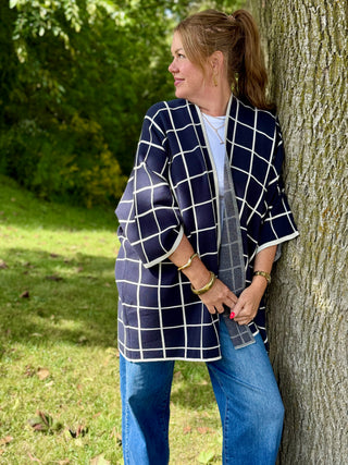 Pistache Navy Windowpane Cocoon Cardi