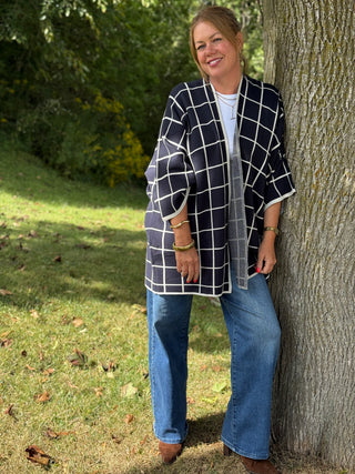 Pistache Navy Windowpane Cocoon Cardi