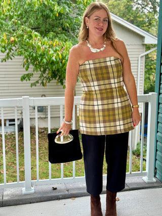 Hilary MacMillan Olive Oil Plaid Strapless Top