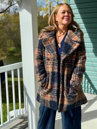 Pure Essence Faux Persian Lamb Plaid Peacoat