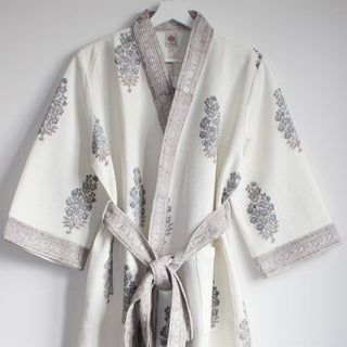 Aakriti Hand Printed Waffle Robe in Grey Block