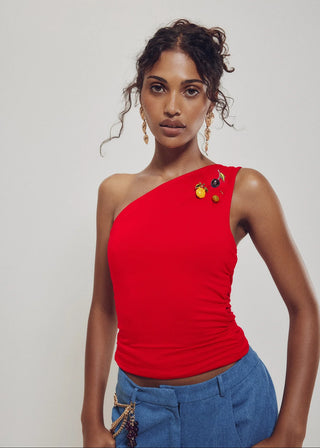 Hilary MacMillan Ruched One Shoulder Top (with brooch cluster)