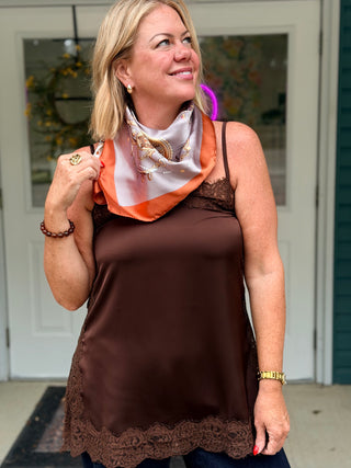 Lyla + Luxe Orange and Mauve Square Silky Scarf