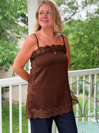 Lyla + Luxe Lace Cami Top in Chocolate