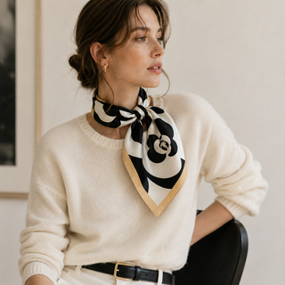 Lady June Black & Taupe Camellia Mulberry Silk Scarf