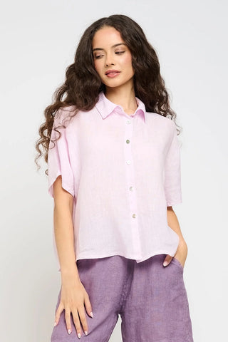 Pistache Short Sleeve Linen Blouse