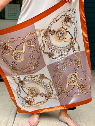 Lyla + Luxe Orange and Mauve Square Silky Scarf