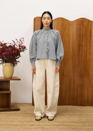 FRNCH Zinnia Denim & Eyelet Check Blouse