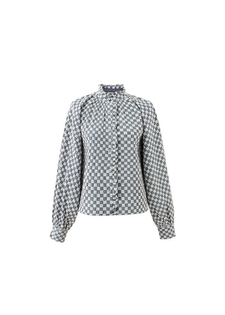 FRNCH Zinnia Denim & Eyelet Check Blouse