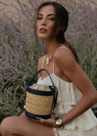 Mathilde Carmessi Raffia & Leather Cylinder Bag