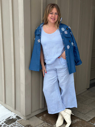 Pistache Cropped Sky Blue Linen Pant