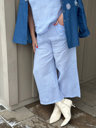 Pistache Cropped Sky Blue Linen Pant