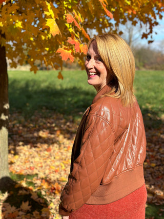 Melissa Nepton Pia Quilted Vegan Leather Jacket in Cognac