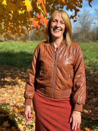 Melissa Nepton Pia Quilted Vegan Leather Jacket in Cognac