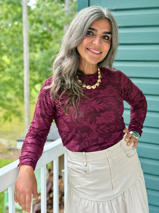 Splendid Cecelia Floral Long Sleeve Tee in Merlot