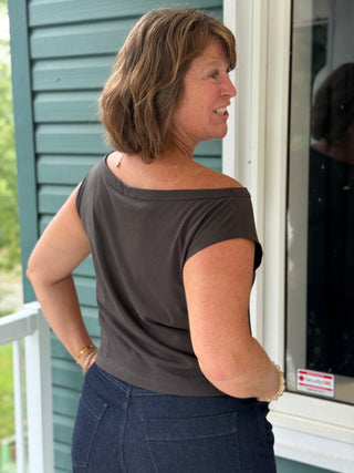 Brunette The Label Off The Shoulder Tee in Washed Black