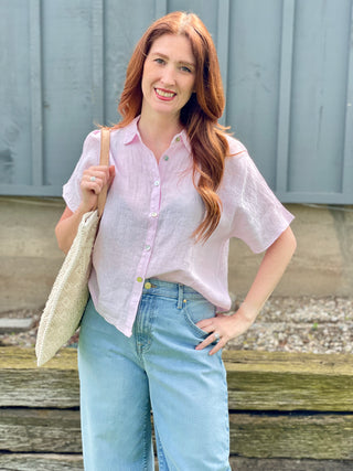 Pistache Short Sleeve Linen Blouse