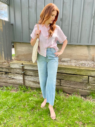 Pistache Short Sleeve Linen Blouse
