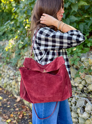 Mathilde Mamma Suede Tote in Burgundy