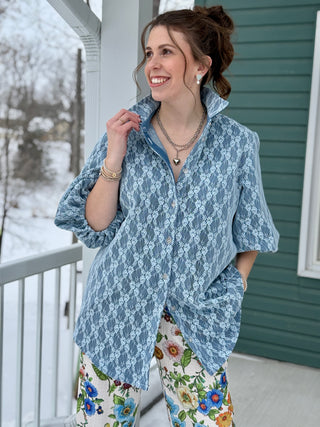 Hilary MacMillan Denim Lace Puff Sleeve Blouse