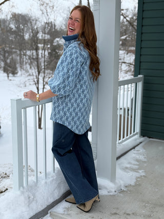 Hilary MacMillan Denim Lace Puff Sleeve Blouse