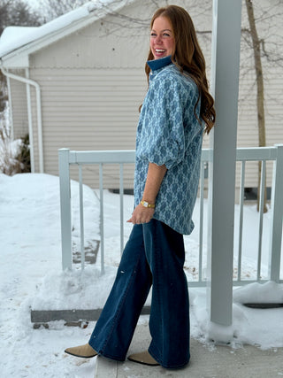 Hilary MacMillan Denim Lace Puff Sleeve Blouse