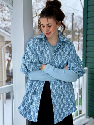 Hilary MacMillan Denim Lace Puff Sleeve Blouse