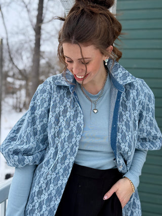 Hilary MacMillan Denim Lace Puff Sleeve Blouse
