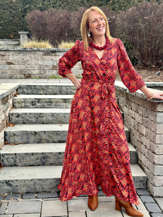 Devi Wrap Dress in Red Coral Reef