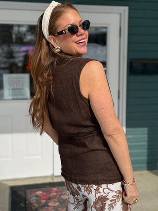 Pistache Shawl Collar Linen Vest