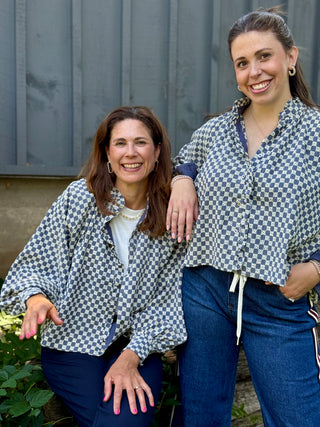 FRNCH Zinnia Denim & Eyelet Check Blouse