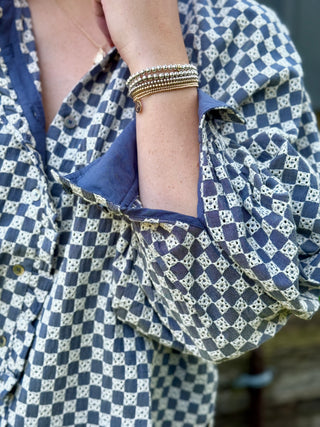 FRNCH Zinnia Denim & Eyelet Check Blouse