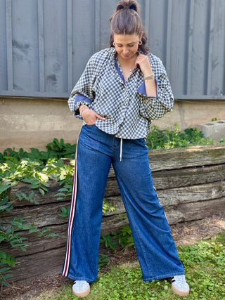FRNCH Zinnia Denim & Eyelet Check Blouse