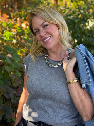 Pistache Fringe Fine Knit Top in Graphite Grey