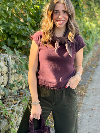 Pistache Fringe Fine Knit Top in Ruby