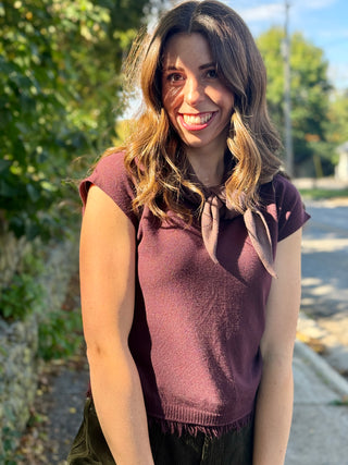 Pistache Fringe Fine Knit Top in Ruby