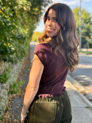 Pistache Fringe Fine Knit Top in Ruby