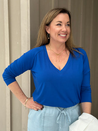 Dotty V-Neck Bamboo Tee in Cobalt