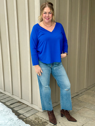 Dotty V-Neck Bamboo Tee in Cobalt