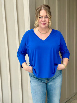 Dotty V-Neck Bamboo Tee in Cobalt