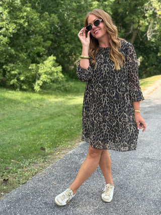 Pistache Georgette Leopard Plisse Dress
