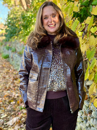 Hilary MacMillan Embossed Croc & Faux Fur Collar Coat