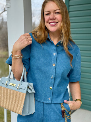 Hilary MacMillan Denim Crop Short Sleeve Shirt Jacket