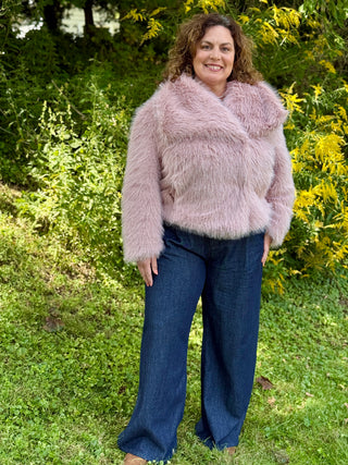 Astrid Faux Fur Bomber Jacket in Pink