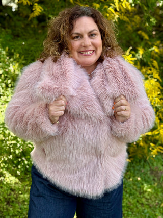 Astrid Faux Fur Bomber Jacket in Pink