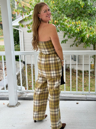 Hilary MacMillan Olive Oil Plaid Strapless Top