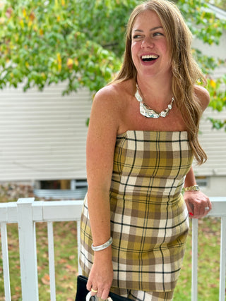 Hilary MacMillan Olive Oil Plaid Strapless Top