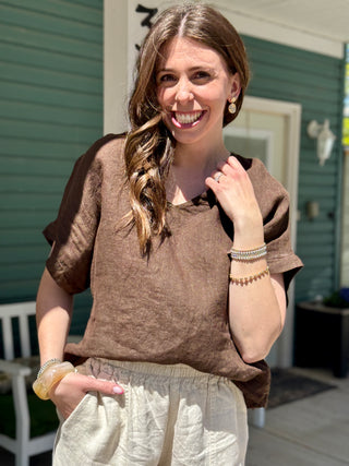 Pistache Linen V-neck Top